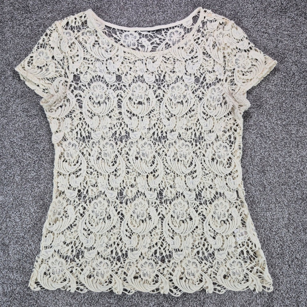 Coquette Lace Top Womens Small Cream Short Sleeve Cotton Lace